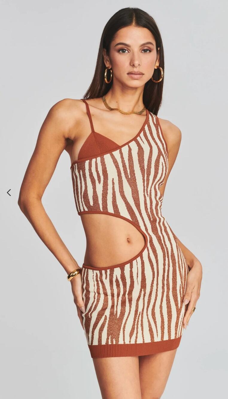 Retrofete Brown Zebra Dimi Mini Dress Womens Medium Cut Out New Short Bodycon